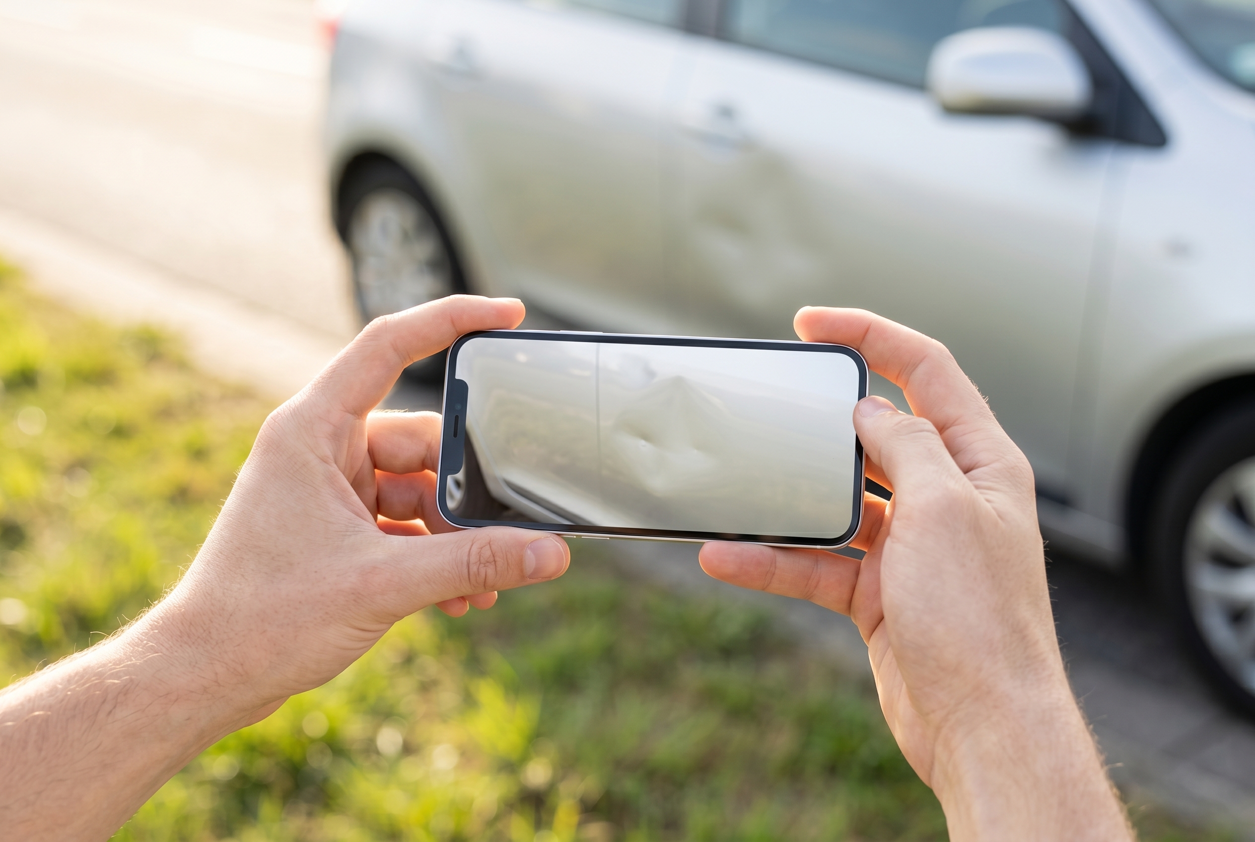 A person at the roadside photographing minor damage on a car door with a smartphone.